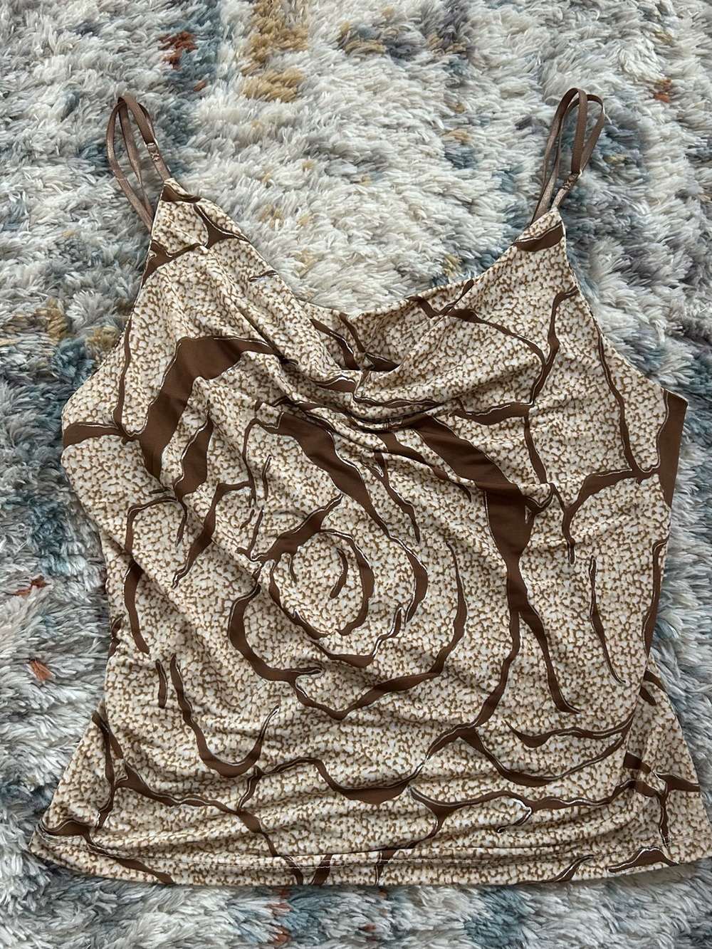 Brown Patterned Cowl Neck Spaghetti Strap Top - Women's